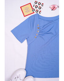 Oblique Neckline Single Side Gold Button Top (Blue)
